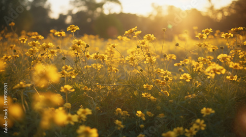 close up of a field of yellow flowers with the sun shining in the background. Generative Ai