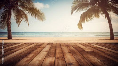 wooden floor with a beach and palm trees. Generative Ai