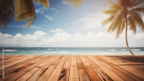 empty wooden deck overlooking the ocean. Generative Ai