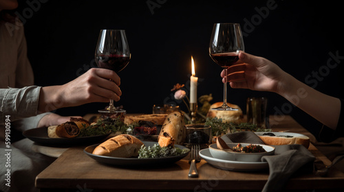 two people toasting wine at a table with food. Generative Ai