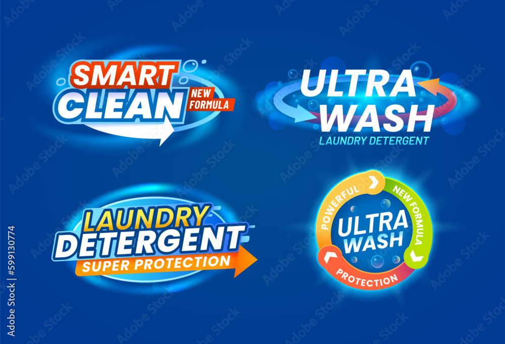 Powder or detergent color labels. Vector laundry cleaning service, liquid  soap ultra wash new smart formula branding or ads badges set with  typography, arrows and soap bubbles on blue background Stock Vector