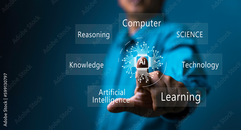 Fototapeta premium AI technology in everyday life. Technology and people concept man use AI to help work, AI Learning and Artificial Intelligence Concept. Business, modern technology, internet and networking concept.