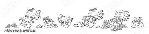 Treasure chest and bag. Chests with coins and gem stones, money bags for games. Vector illustration isolated in white background
