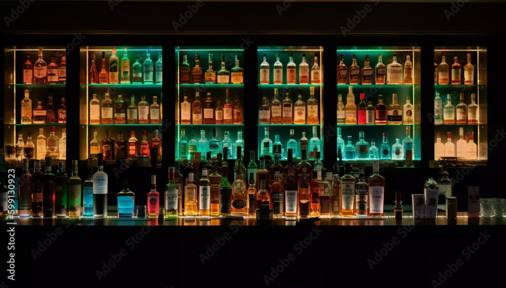 Shelf of bottles, illuminated in dark bar generated by AI