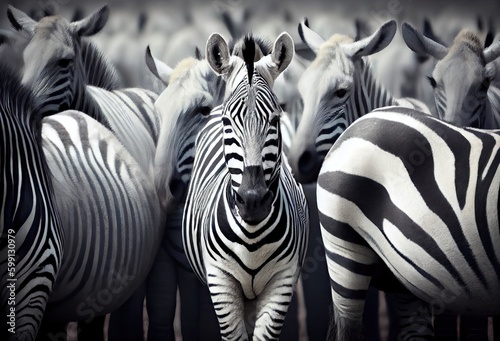 Zebra Sticking Out In A Crowd Background Generative AI photo