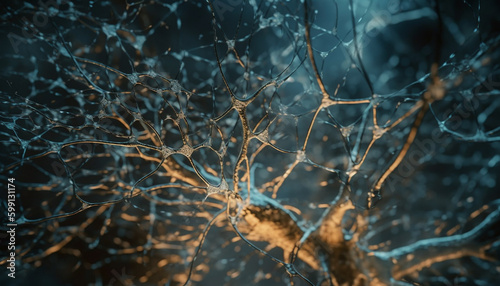Bright synapse connection illuminates neural dendrite pattern generated by AI
