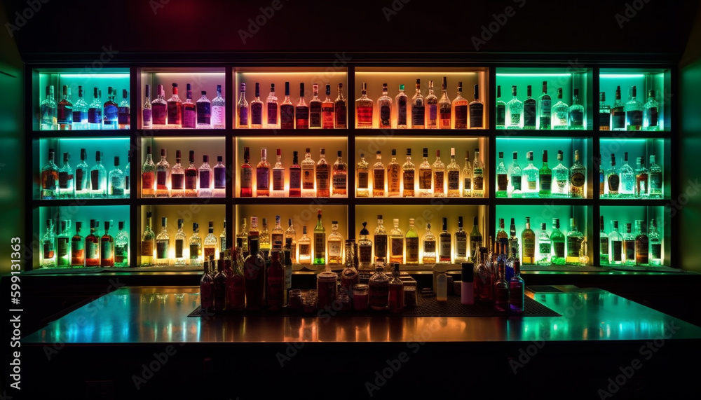 Nightclub bar counter illuminated with colorful drinks generated by AI