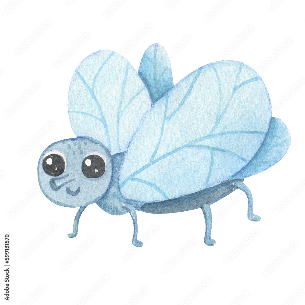 Obraz premium Cute smiling character fly isolated on white background. Funny insect for children. Watercolor cartoon illustration