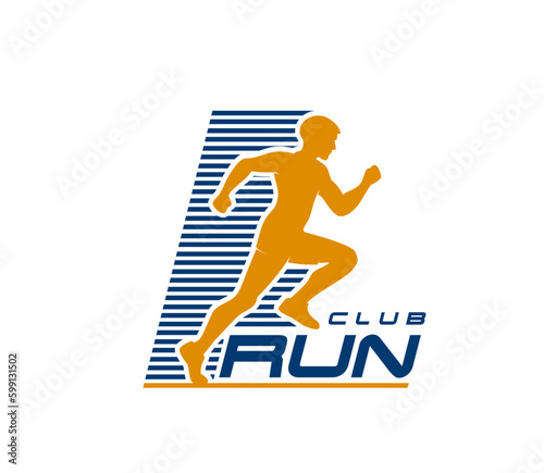 Marathon run sport icon, running club symbol. Fitness championship, marathon running competition, sport club or gym vector icon or sign with jogging, sprinting man athlete silhouette