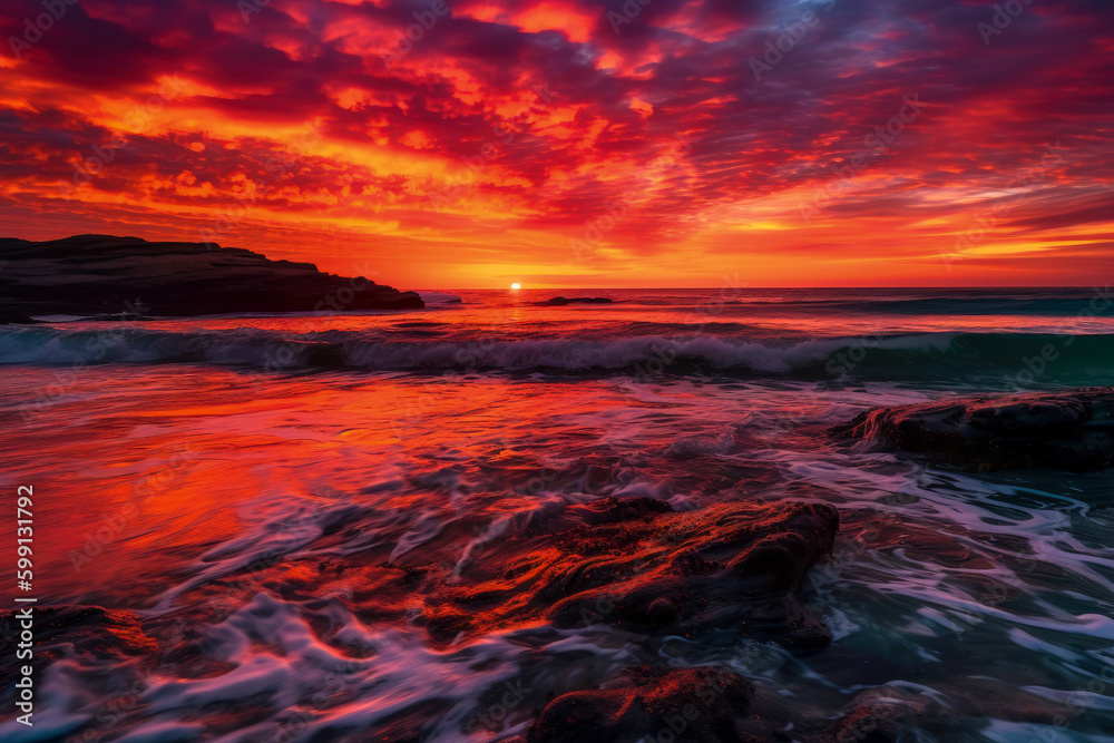 A vibrant sunset over a rocky coastline with powerful waves crashing against the rocks created with Generative AI technology A vibrant sunset over a rocky coastline with powerful waves crashing against the rocks created with Generative AI technology
