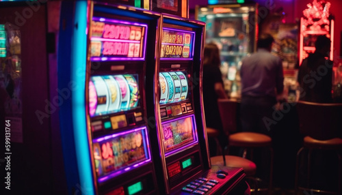 Nightclub neon lights illuminate gambling addiction risk generated by AI
