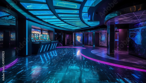 Futuristic nightclub illuminates city life with neon lighting generated by AI