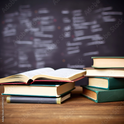 The books are placed on the table with a blackboard as the blurred background