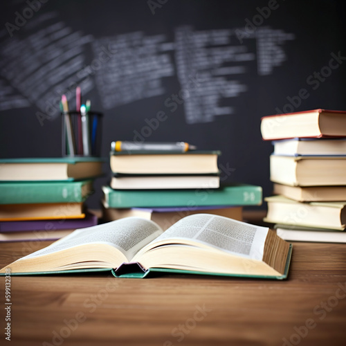 The books are placed on the table with a blackboard as the blurred background