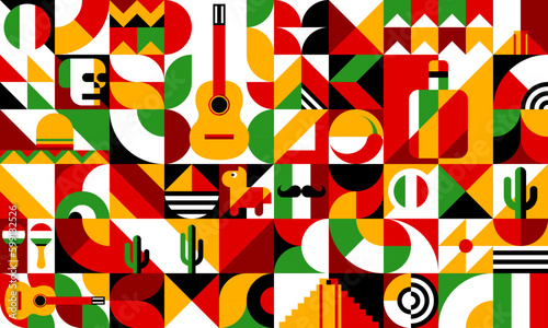 Mexican bauhaus modern geometric pattern. Vector motif, background with simple geometric shapes of skull, chili pepper, cactus, tequila and sombrero. Guitar, maracas, flag and pinata modern ornament