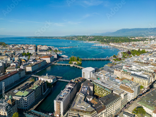 Aerial photograph of Geneva  Geneva city view to the lake. Taken above the old town.