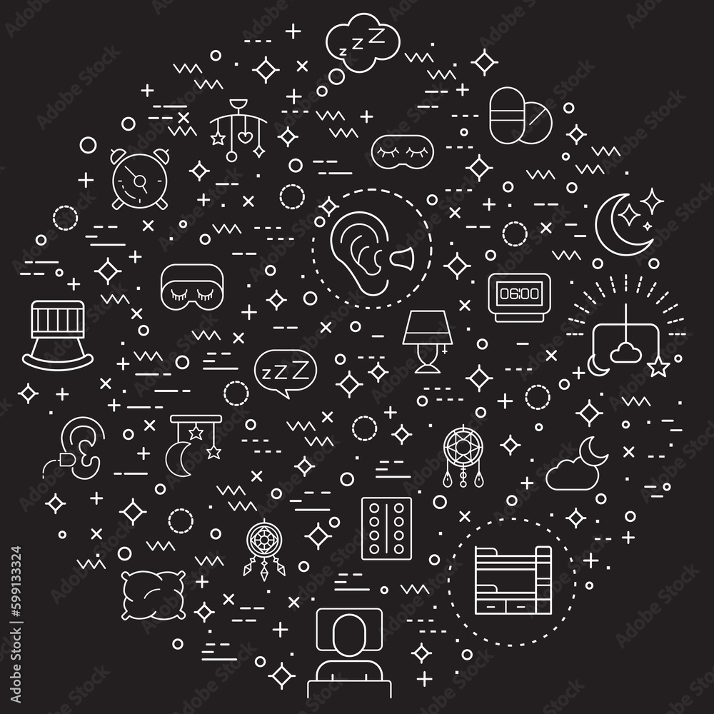 Simple Set of sleep and sound Related Vector Line Illustration. Contains such Icons as insomnia, bed, time, zzz, moon, cloud, alarm, clock, pillows and Other Elements. Simple Set of sleep and sound Related Vector Line Illustration. Contains such Icons as insomnia, bed, time, zzz, moon, cloud, alarm, clock, pillows and Other Elements.