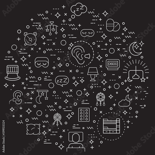 Simple Set of sleep and sound Related Vector Line Illustration. Contains such Icons as insomnia, bed, time, zzz, moon, cloud, alarm, clock, pillows and Other Elements. 