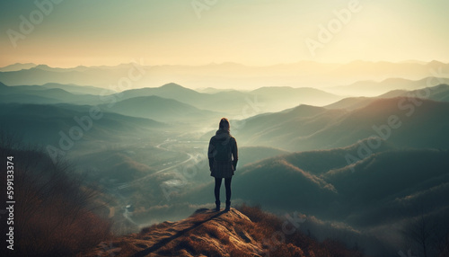 Silhouette standing on mountain peak at sunrise generated by AI © djvstock