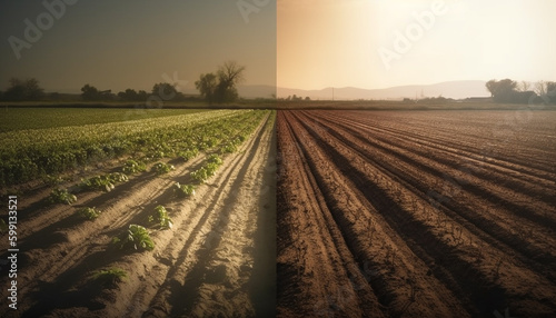 Organic wheat harvest, ripe meadow under sunset generated by AI