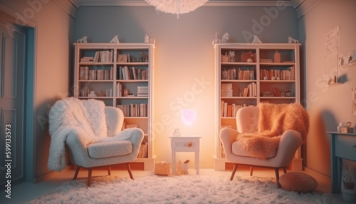 Comfortable modern living room with bookshelf decor generated by AI © djvstock