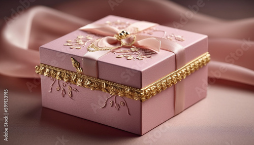 Shiny gold gift box wrapped in silk generated by AI © djvstock