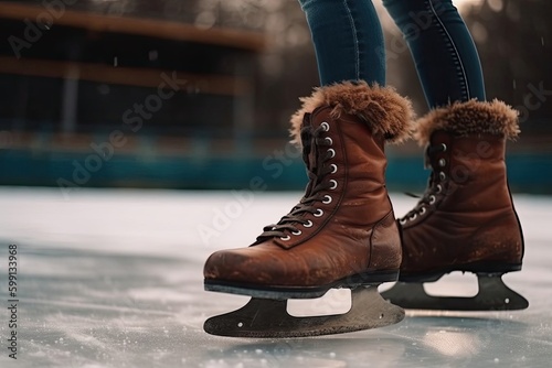 Brown Skates Female Skater Skating On Ice Background Generative AI