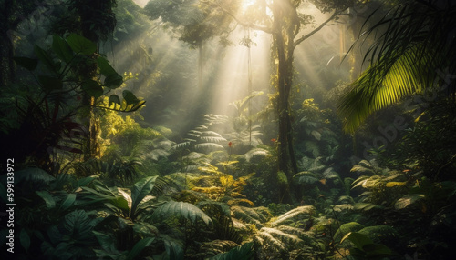 Tropical rainforest beauty in nature, mysterious fog generated by AI