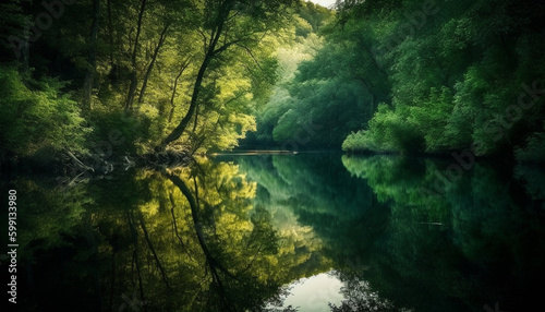 Tranquil scene of reflection in forest pond generated by AI