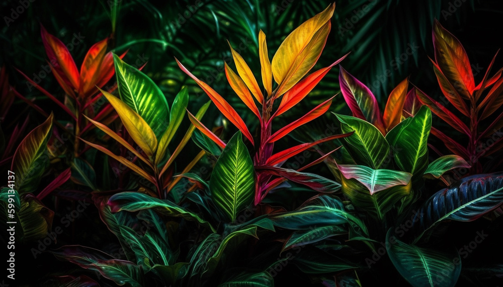 Vibrant green leaves adorn tropical rainforest backdrop generated by AI