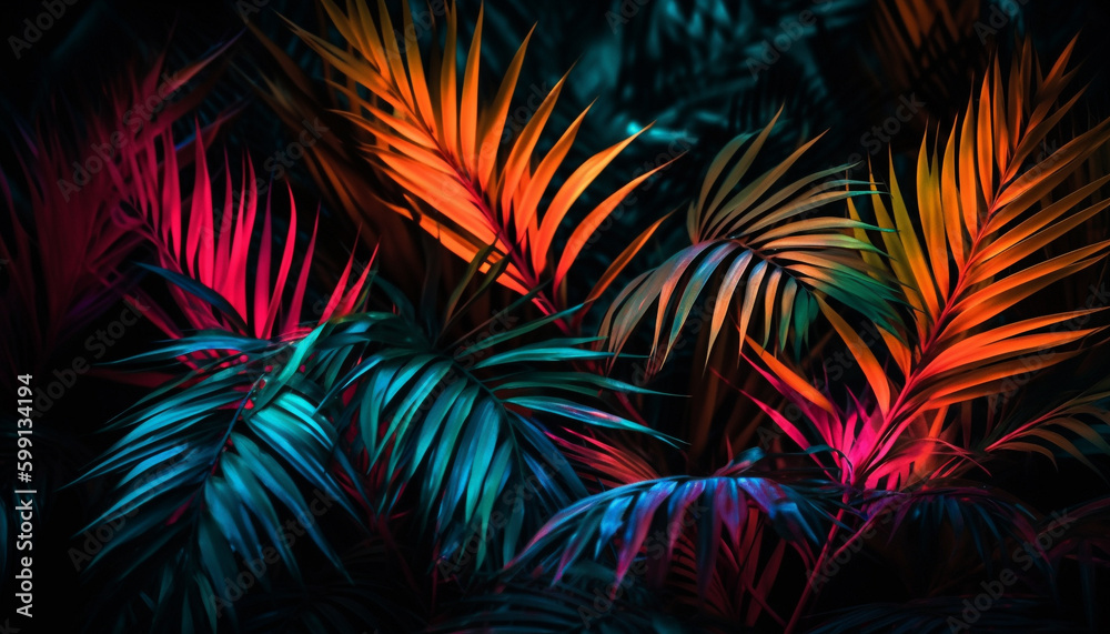 Vibrant tropical palm tree illuminated at dusk generated by AI Vibrant tropical palm tree illuminated at dusk generated by AI