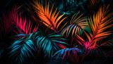 Vibrant tropical palm tree illuminated at dusk generated by AI