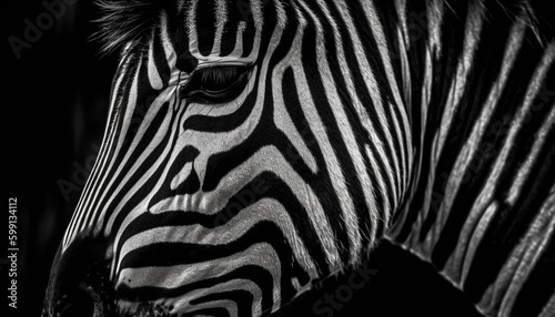 Striped zebra monochrome beauty in close up portrait generated by AI