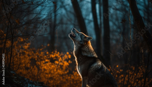 Cute canine howling at dusk in forest generated by AI