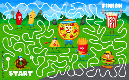 Labyrinth maze game. Cartoon fast food characters on sport vacation. Find way quiz vector worksheet with ketchup and mustard  donut  nacho  pizza and french fries  hamburger cute personage on fitness