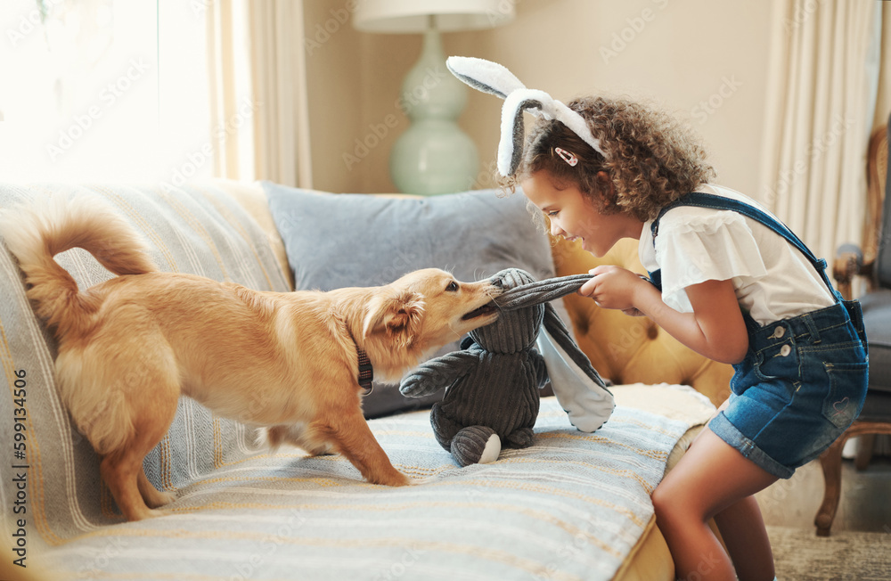 Nothing beats a good old game of tug and war. an adorable young girl standing in the living room at home and playing with her dog. - obrazy, fototapety, plakaty 