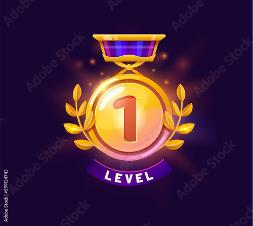 Game level up badge and win icon. Arcade success rank sign, game task complete winner or casino level up celebration vector symbol. Gaming victory prize, first place golden medal with laurel wreath