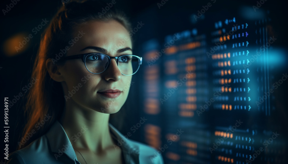 Successful businesswoman glowing with confidence and technology generated by AI Successful businesswoman glowing with confidence and technology generated by AI