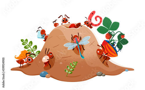 Cartoon anthill colony and ants characters. Funny insect personages with prey and foods on mound at summer lawn. Isolated vector termites pests in their nest on meadow, bugs in natural environment