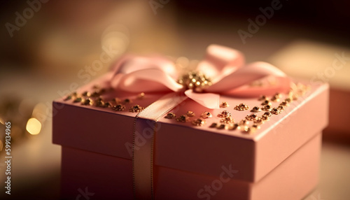 Shiny gift box wrapped in ornate paper generated by AI