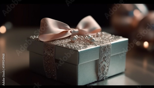 Shiny gift box wrapped in ornate paper generated by AI © djvstock