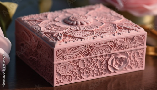Ornate gift box with pink flower decoration generated by AI