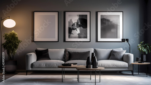 Modern dark living room interior with stylish comfortable sofa, Generative AI