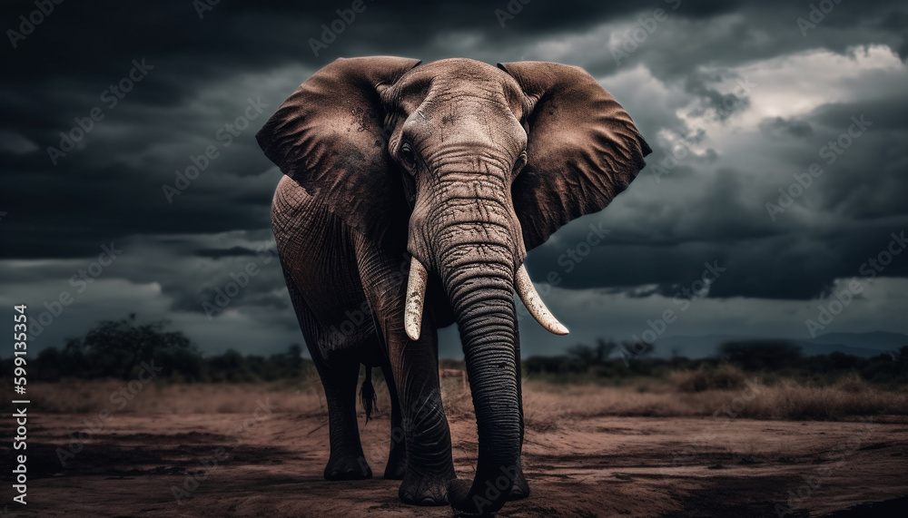 Fototapeta premium Majestic elephant standing in tranquil African savannah generated by AI