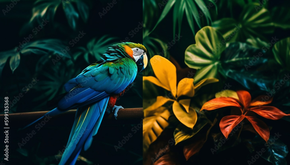Fototapeta premium Vibrant macaw perching on green rainforest branch generated by AI