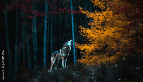 Gray wolf standing on branch, howling at sunset generated by AI