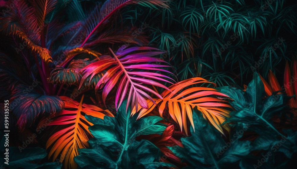 Vibrant palm tree leaves glow in darkness generated by AI