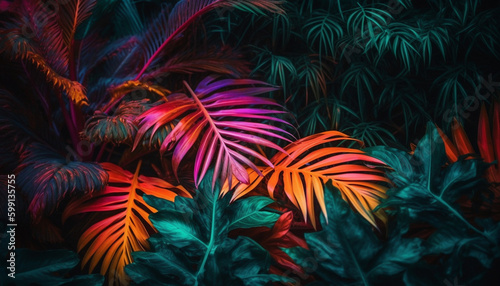 Vibrant palm tree leaves glow in darkness generated by AI © djvstock