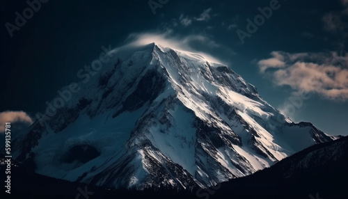 Majestic mountain peak  snow  and panoramic sunset generated by AI