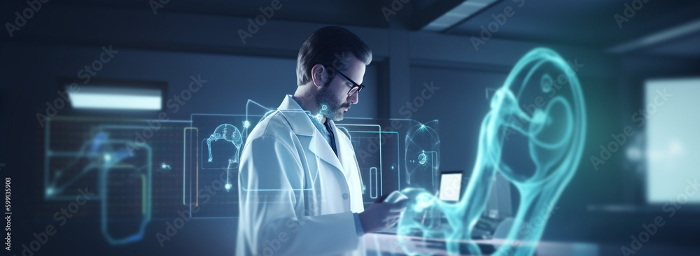 New opportunities in medicine. treatment with the help of computer and telecommunication technologies. man wearing a lab coat is working on a laptop. Generative Ai